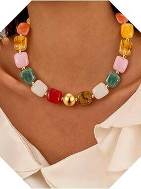 New Boho Beaded Chunky Necklace Colorful Large Square Bead Choker Trendy